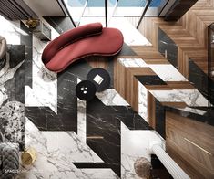 an overhead view of a living room with black and white marble flooring, red couch, and geometric wallpaper