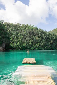 a boat floating on top of a body of water next to lush green jungles