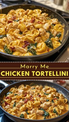 two pans filled with chicken tortellini and spinach