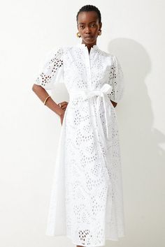 Cotton Eyelet Belted Woven Midi Dress | Karen Millen Cotton Eyelet Dress, Women Fashion 2024, Cotton White Dress, Cotton Lace Dress, Broderie Dress, Petite Midi Dress, Transitional Fashion, Summer Bridesmaid Dresses, Spring Wedding Guest Dress