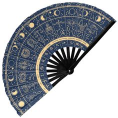 a blue and gold fan with zodiac signs on it's side, sitting in front of a white background