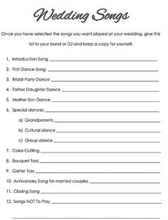 wedding song worksheet for the bride and groom to play with each other on