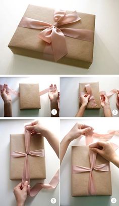 step by step instructions to wrap a gift in pink ribbon and tie it around the box