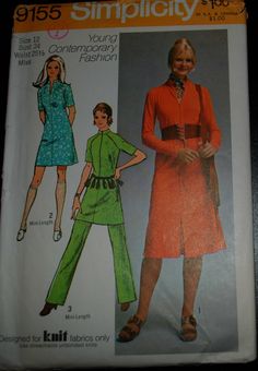 a woman's dress and pants sewing pattern from the 1970's is shown