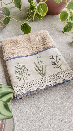 a potted plant sitting on top of a table next to a white rug with blue trim