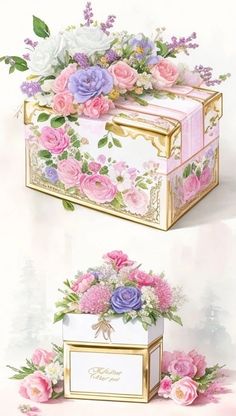 two boxes with flowers on them are shown in three different positions, one is open and the other closed