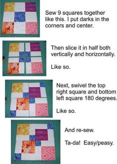 the instructions for how to make a quilt with squares and strips on it's sides