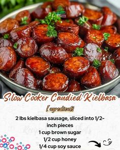 an advertisement for slow cooker candied kielbasa, with information on the side