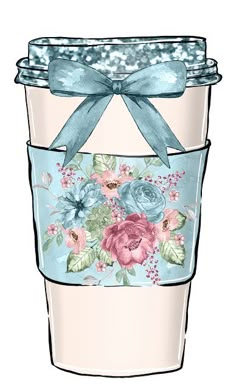 a drawing of a coffee cup with a bow on the top and flowers in the bottom