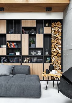 a living room with bookshelves, couch and coffee table in front of it