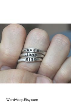 Get free shipping on these beautiful sterling silver stackable name rings, personalized with your special names. These mother's rings are the perfect way to celebrate your meaningful people. Each ring is unique and carefully hand-formed, hand-stamped and finished. They can be personalized with names, dates, initials, or other words that are meaningful to you. Intentionally made with a natural shape, the stacking rings have an organic look and feel. They are very comfortable and pleasant to wear. Mom Rings Stackable, Mothers Rings, Stackable Name Rings, Blue Diamond Engagement Ring, Family Ring, Hand Stamped Ring, Mommy Jewelry, Silver Wrap Ring, Mom Ring