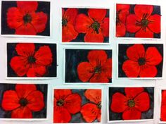 red poppies are arranged on black and white paper