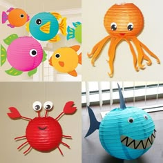 four different types of paper lanterns with fish and sea creatures on them