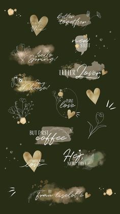 some type of black and white text on a dark background with gold foiled hearts