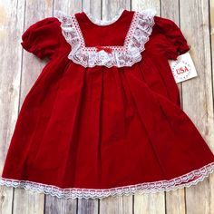 Vintage Red Velour Dress Made In Usa 24m Nwt But Has Creases In Velour From Storage Cute Fitted Red Holiday Dress, Red Lace Trim Dress For Dress-up, Red Dress With Lace Trim For Dress-up, Red Cotton Holiday Dress, Red Short Sleeve Winter Dresses, Childhood Clothes, Vintage Christmas Dress, Vintage Toddler Dress, Toddler Christmas Outfit