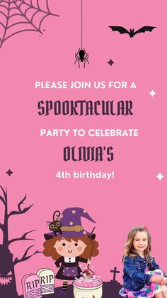 Birthdays don’t have to be all rainbows and unicorns! If your child wants a spooky pink birthday, then we got you! Invite friends and family through this Halloween Pink Birthday digital invitation that will surely make everyone excited and spooked to come! Your little girl may not be as girly as one could be but they will still hold birthdays close to their heart like any other kid! So make sure to make each one counts as the best birthday! 🦇🎂🦇 Pink Theme Birthday, Halloween Invitaciones, Rainbows And Unicorns, Birthday Video Invitation, Halloween Pink, Birthday Video, Pink Theme, Birthday Party Invite, Video Invitation