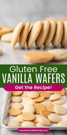 gluten free vanilla wafers on a baking sheet with the title overlay