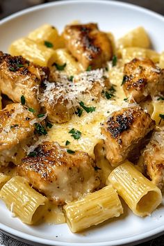 a white plate topped with pasta and chicken