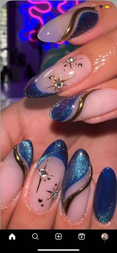 Nails Capricorn, Virgo Nails Designs, Capricorn Nails, Virgo Nails, Blue Gold Nails, Simple Nail Design, Quince Nails, Blue And Silver Nails, Quinceanera Nails