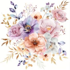 a bouquet of flowers on a white background with gold leaves and purple, pink and blue flowers