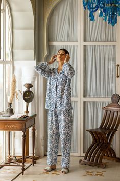 DESCRIPTION: Get ready to feel cute with this cute lightweight cotton hand block printed PJ set. A button up front with a collared neckline, long sleeves, a single accent patch pocket, and a relaxed silhouette for comfy nights. DETAILS: * 100% cotton. * Hand Block Printed. * Handmade. * Front buttons. * Contrast piping. * Long sleeves. Luxury Sleepwear For Relaxation, Luxury Women's Loungewear Pant Set, Luxury Women's Lounging Sets, Luxury Long Sleeve Night Sets, Luxury Casual Long Sleeve Set, Best Shops For Pajamas, Cheap Playful Relaxed Fit Sleepwear, Luxury Summer Sleepwear For Relaxation, Fancy Pajamas Comfy