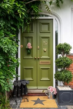 a green front door with potted plants on the side and star rug in front