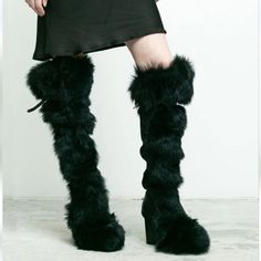 100% Sheep Fur With Stretch Cotton Twill Trim Back Panel/ Over The Knee Boots/ Can Be Worn Scrunched Down/ Wrap Buckle Strap/ Inside Zipper/ Cushioned Insoles/ Leather Sole Heel Height: 4.75" Black Fur Boots, Stiletto Boots, Fur Boots, Long Boots, Shoes Heels Boots, Over The Knee Boots, Over The Knee, Stretch Cotton, Cotton Twill