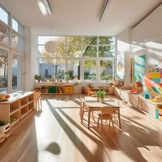 a room filled with lots of wooden furniture and large windows next to a wall of windows