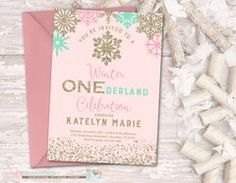 a pink and silver snowflake winter onederland celebration party card with envelope