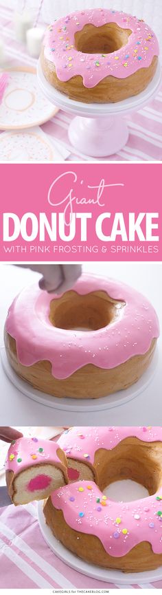 donut cake with pink frosting and sprinkles on it, ready to be eaten