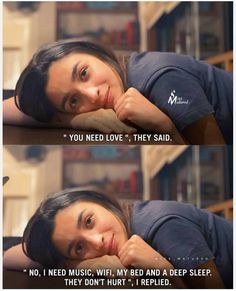 a woman laying on top of a wooden table next to a book shelf with the words you need love, they said