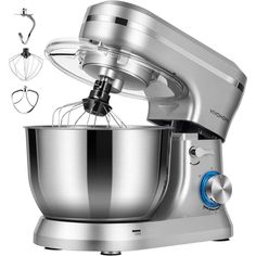 an image of a silver mixer with attachments on the front and back side, including a whisk