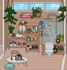 the room is filled with potted plants and other things to use in the bathroom