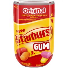 an image of a can of new starburst gum on a white background,