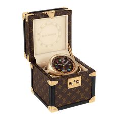 LOUIS VUITTON® - Trunk Table Clock, Quartz, 80mm, Steel, Monogram - Brown Rich Gifts, Trunk Table, Louis Vuitton Trunk, Louie Vuitton, Fancy Accessories, Authentic Louis Vuitton Bags, Louis Vuitton Official Website, Watches Collection, Brown Watches