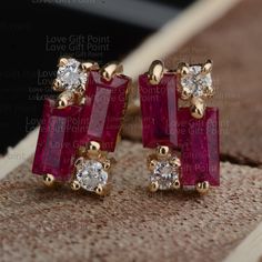 Baguette Ruby & Round Diamond Stud Earrings / 14K Solid Gold Earrings, Cluster Earrings / Handmade Geometric Shape Stud Earrings Features * Items Code:- SGT00295 * 18K also available - Additional fees may apply) * More options in gold color: Rose, yellow, White gold * Metal: Solid 14K Yellow Gold with stamped * Diamonds weight: 0.08 ct * Diamond Color: G-H * Diamond Clarity: SI1 * Diamond Cut: Brilliant (Excellent cut) * Ruby Weight: 0.64 ct.  Measurements: Studs Size: 6 x 4 mm ≫ FAQ below for m Studded Jewellery, Round Diamond Stud Earrings, Diamond Earrings Design, Diamond Earrings Studs Round, Gold Diamond Earrings Studs, Gemstone Collection, Diamond Cluster Earrings, Minimalist Earrings Studs, Minimalist Studs