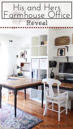 a desk with two chairs and a computer on it