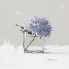 a painting of purple flowers in a glass vase