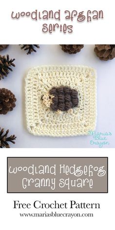 the crochet pattern for woodland hedges granny square is shown with pine cones