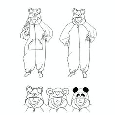 an adult and child's animal onesuits are shown in black and white