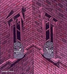 an illustration of two windows with birdcages on the window sill in front of them