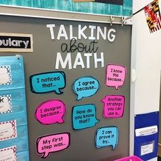 a bulletin board with different types of speech bubbles attached to it and the words talking about math