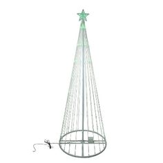 a white christmas tree with green lights on it's sides and a wire hanging from the top