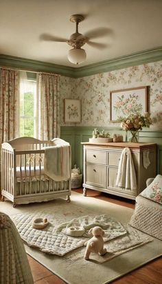 a baby's room with green walls and floral wallpaper