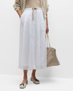 Brunello Cucinelli cotton gauze fluid midi skirt features a rope belted waist     Midrise; elastic belt     Side slip pockets     Hem falls below the knee    Aline silhouette    Cotton    Lining: Acetate/silk    Made in Italy Rope Belt, Elastic Belt, Brunello Cucinelli, Top Designers, Women Collection, The Knee, Neiman Marcus, Maxi Skirt, Midi Skirt