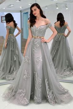 A-Line Appliques Cheap Long Red Prom Dresses 2020 - Bridelily Gray Evening Dress, Grey Evening Dresses, Evening Gown Dresses, Tulle Prom Dress, Dolce E Gabbana, Cheap Prom Dresses, Party Dress Long, Chiffon Lace, Appliques