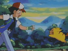 the pokemons are playing with each other in front of some trees and mountains,