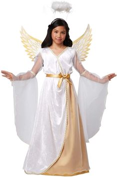 a woman dressed in an angel costume standing with her arms outstretched and hands out to the side