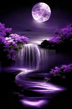 a waterfall with purple flowers in front of a full moon