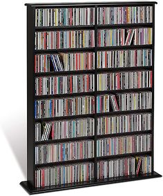 a large black book shelf filled with lots of dvd's